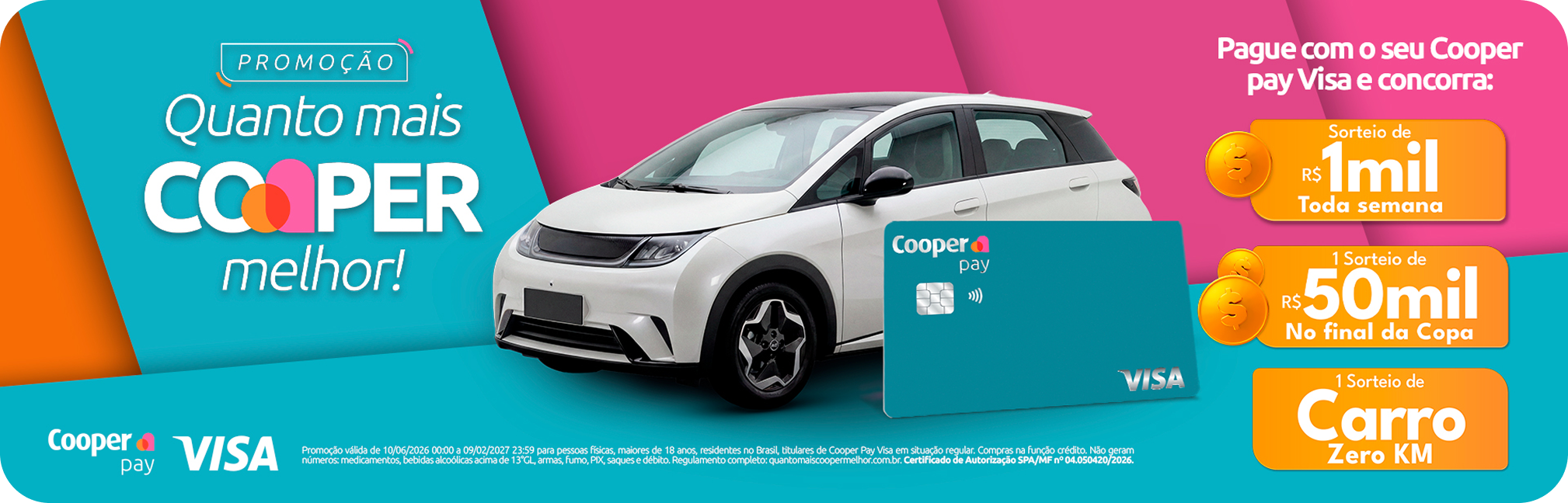 Banner Promoção Quanto Mais Cooper Melhor, Cartão Cooper Bank ao Lado de um Carro Branco
